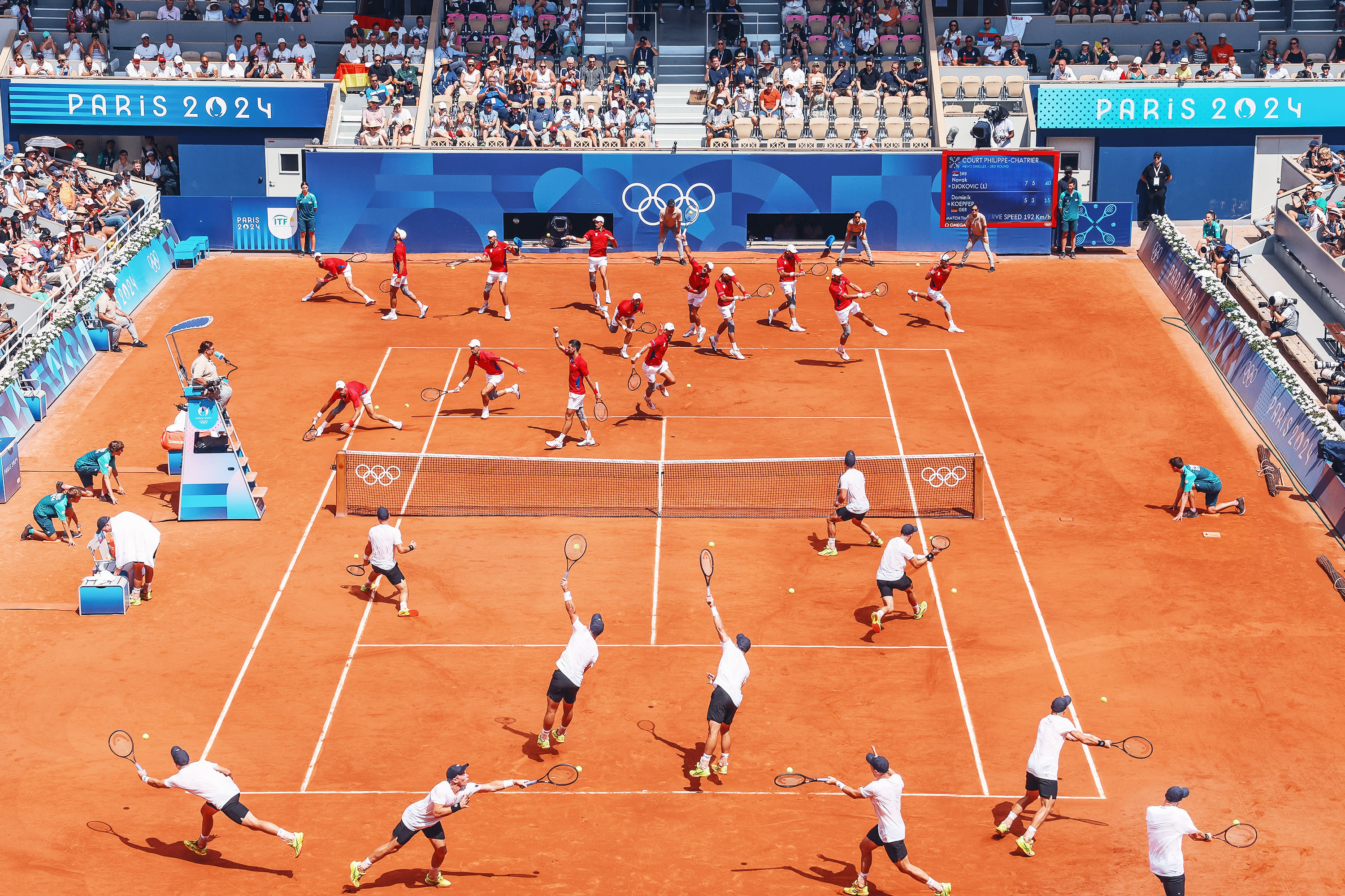 (EDITORS NOTE: Image is a digital composite.) A general view inside Court Philippe-Chatrier as Novak Djokovic of Team Serbia plays against Dominik Koepfer of Team Germany during the Men's Singles Third Round match on day five of the Olympic Games Paris 2024 at Roland Garros on July 31, 2024 in Paris, France. Layers of the Games shows in one image the multiple moments that happen during a game or a day of competition during the Paris 2024 Olympic Games from a fixed camera. (Photo by Hector Vivas/Getty Images) 