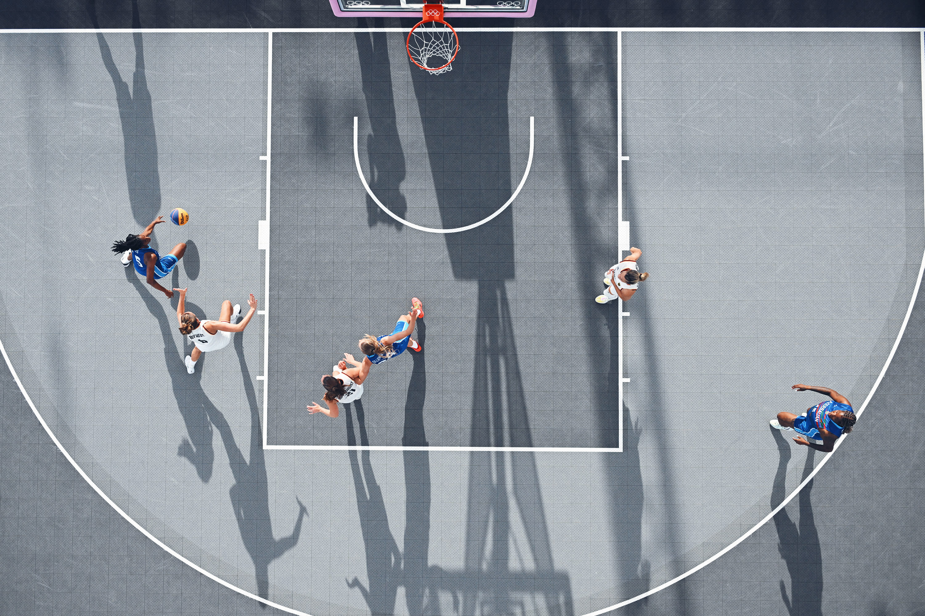 An overview shows the women's pool round 3x3 basketball game between Germany and Azerbaijan during the Paris 2024 Olympic Games at La Concorde in Paris on August 1, 2024. (Photo by FRANCOIS-XAVIER MARIT/AFP via Getty Images) 