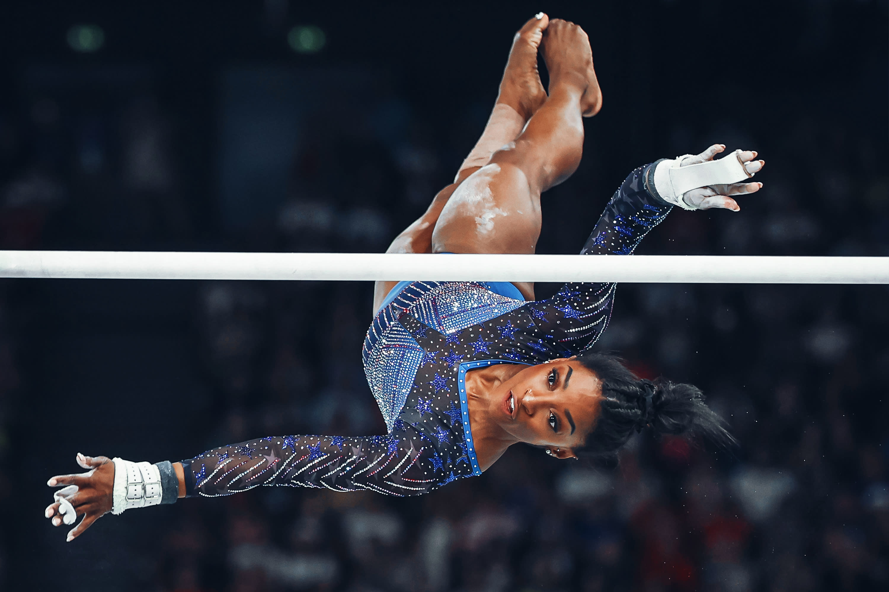 Olympic Champion and Gold Medal Winner Simone Biles of Team United States competes on never barsduring the women's Artistic Gymnastics All-Around Final on day six of the Olympic Games Paris 2024 at Bercy Arena on August 01, 2024 in Paris, France. (Photo by Stefan Matzke - sampics/Getty Images) 