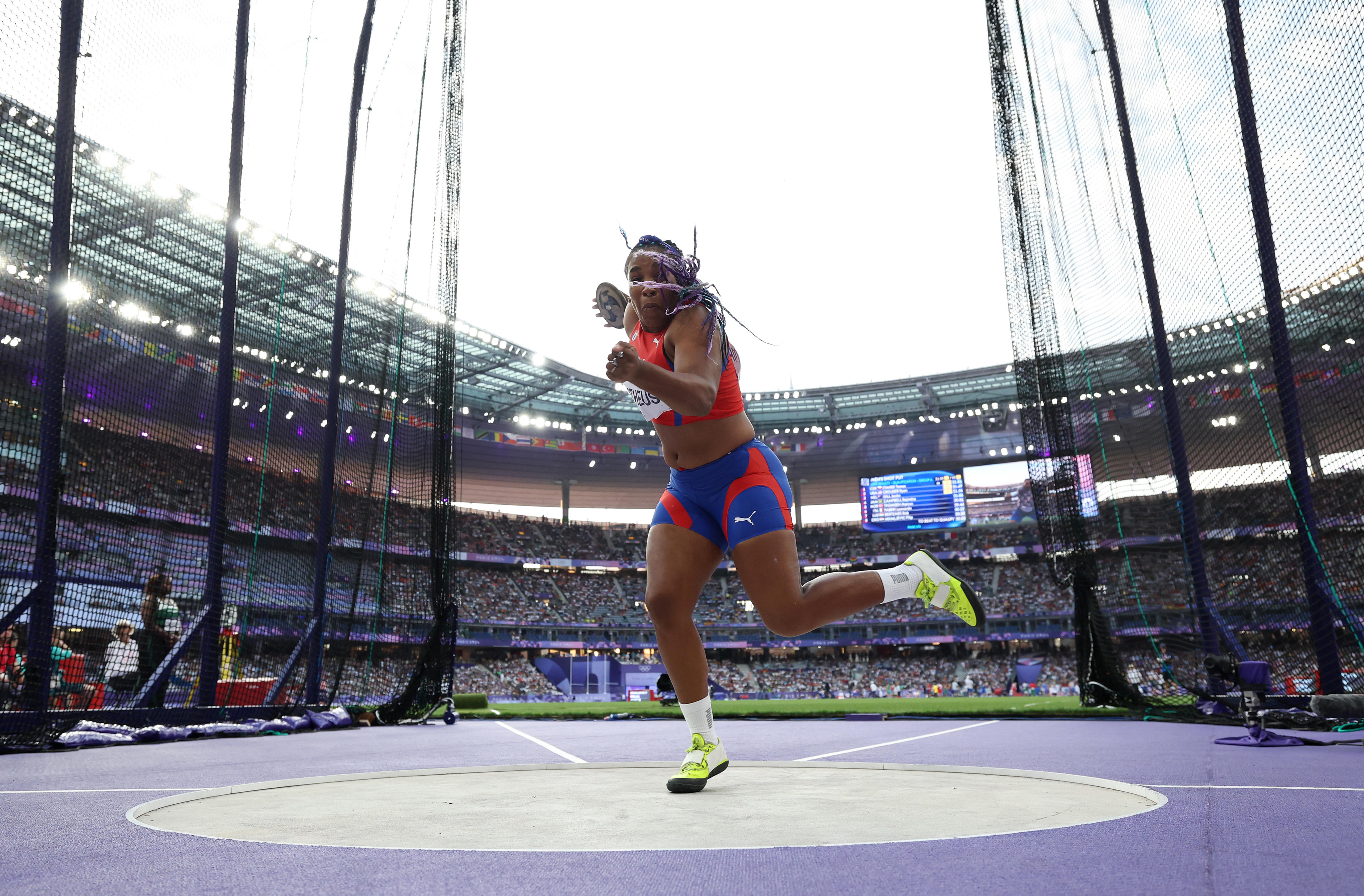 Melany del Pilar Matheus of Team Cuba competes during the Women's Discus Throw Qualification on day seven of the Olympic Games Paris 2024 at Stade de France on August 02, 2024 in Paris, France. (Cameron Spencer/Getty Images)