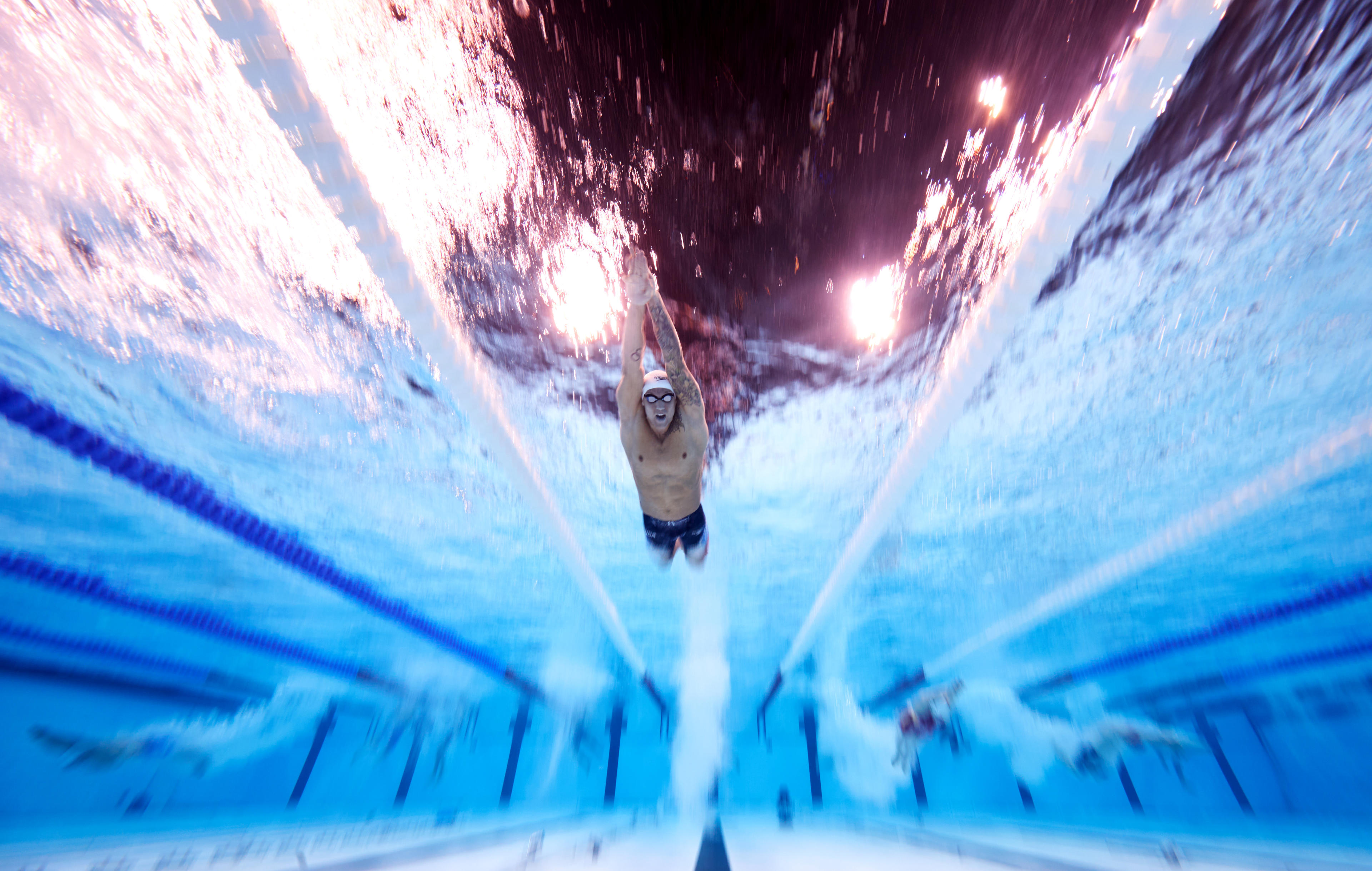 Caeleb Dressel competes in the Mixed 4x100m Medley Relay Heats on day seven of the Olympic Games Paris 2024 at Paris La Defense Arena on August 02, 2024 in Nanterre, France. (Adam Pretty/Getty Images)