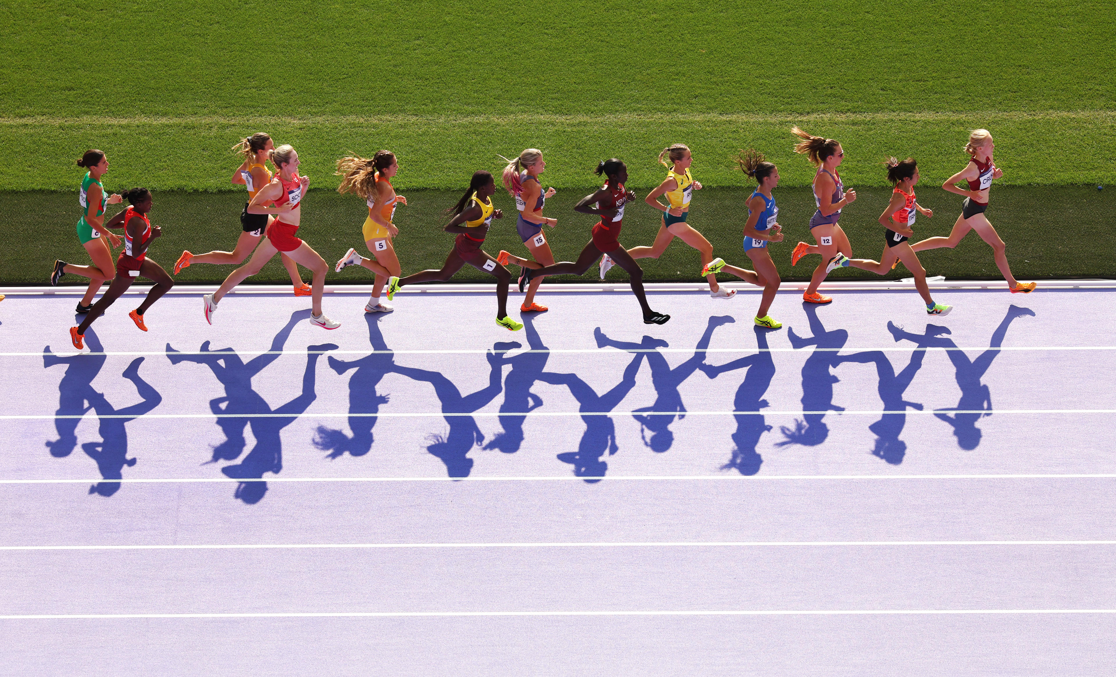 Athletes compete during the during the Women's 5000 meter heats on day seven of the Olympic Games Paris 2024 at Stade de France on August 02, 2024 in Paris, France. (Patrick Smith/Getty Images)