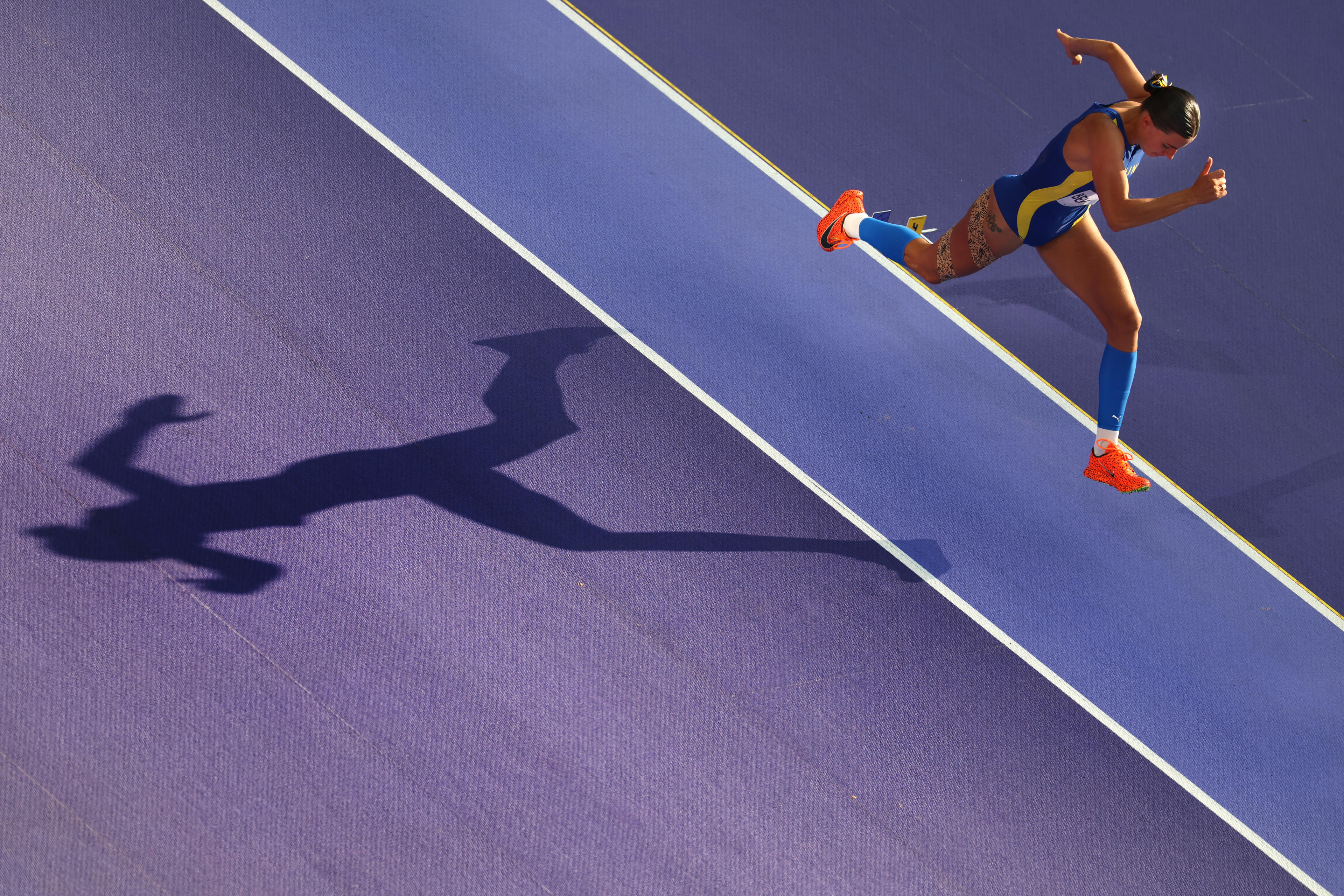 Maryna Bekh-Romanchuk of Team Ukraine competes during the Women's Triple Jump Qualification on day seven of the Olympic Games Paris 2024 at Stade de France on August 02, 2024 in Paris, France. (Patrick Smith/Getty Images)