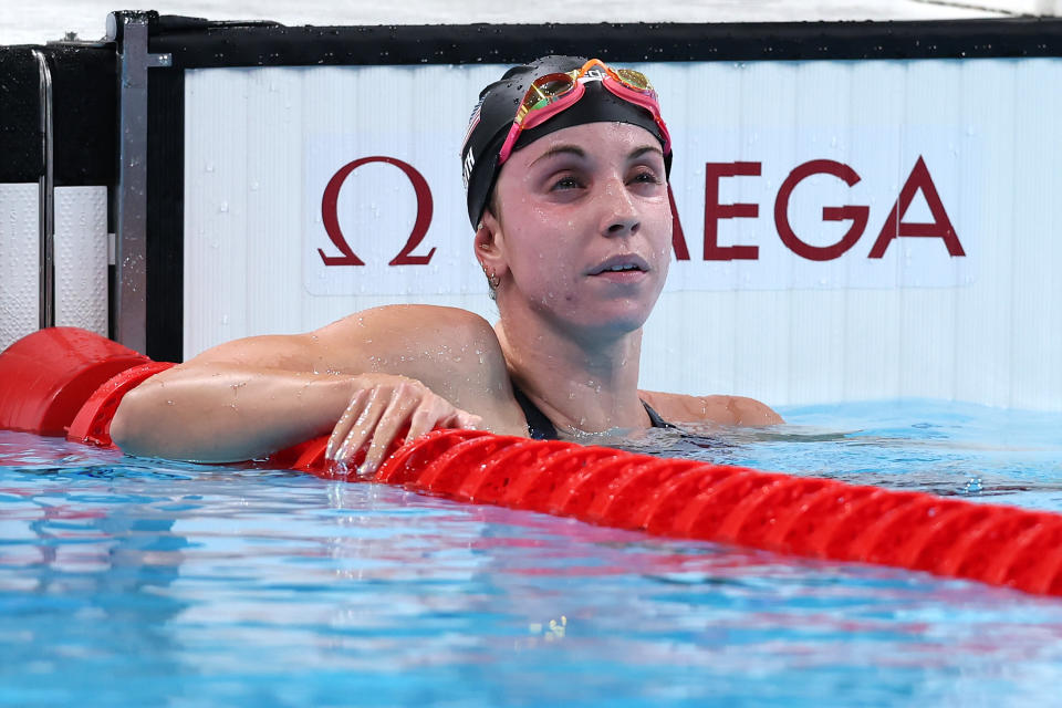 NANTERRE, FRANCE - AUGUST 02: Regan Smith of Team United States reacts after winning silver in the Women's 200m Backstroke Final on day seven of the Olympic Games Paris 2024 at Paris La Defense Arena on August 02, 2024 in Nanterre, France. (Photo by Maddie Meyer/Getty Images)