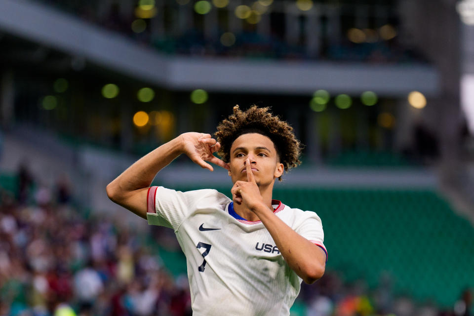 SAINT-ETIENNE, FRANCE - JULY 30: Kevin Paredes #7 of the United States celebrates scoring a second goal during the Men's group A match between United States and Guinea during the Olympic Games Paris 2024 at Stade Geoffroy-Guichard on July 30, 2024 in Saint-Etienne, France. (Photo by Andrea Vilchez/ISI/Getty Images)