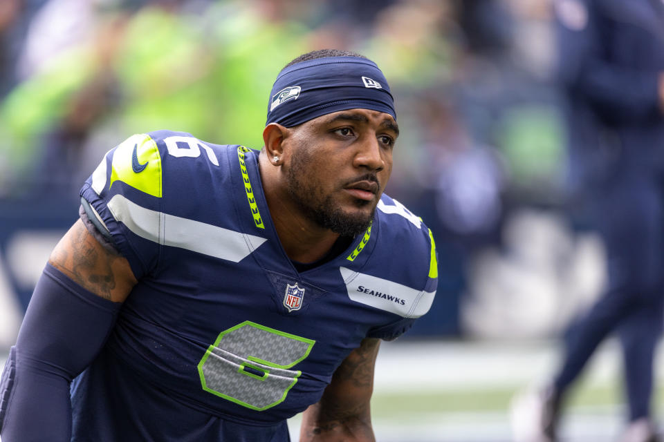 Seattle Seahawks strong safety Quandre Diggs (6) warms up on the field during an NFL football game between the Seattle Seahawks and the Tennessee Titans Sunday, Sept. 19, 2021, in Seattle. (Photo by Tom Hauck/Getty Images)