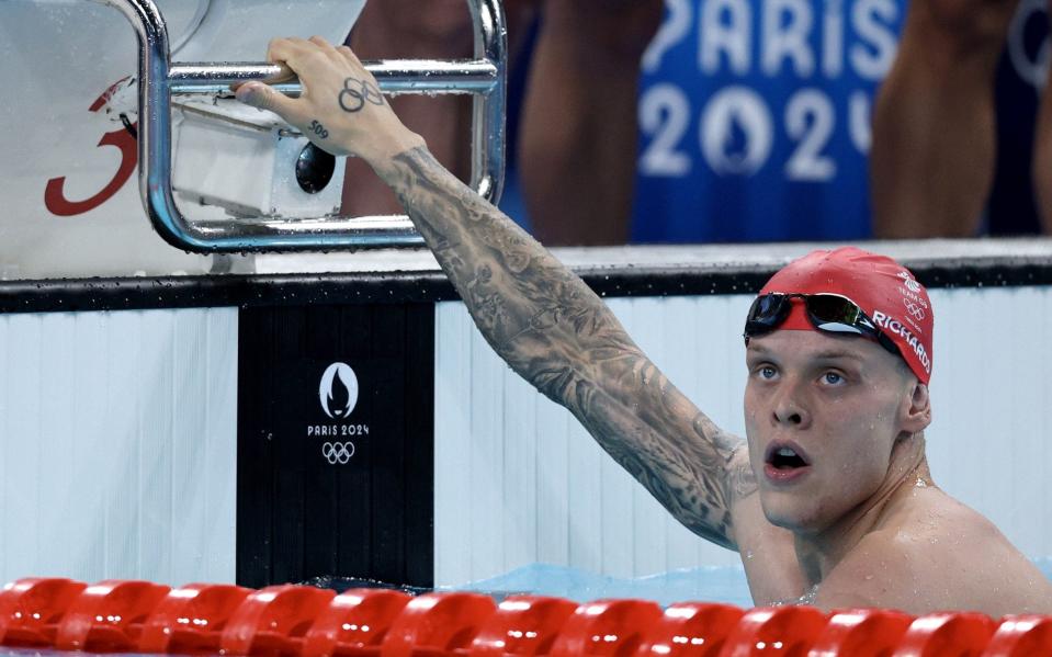 Matthew Richards reacts to his time at the Men's 4x100m Medley Relay Heats