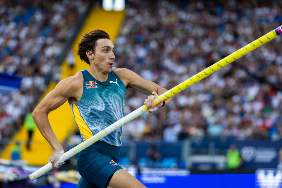 Armand Duplantis of Sweden competes in the men's pole vault during the Diamond League and Kamila Skolimowska Memorial in Chorzow, Poland, 25 August 2024. (Photo by Andrzej Iwanczuk/NurPhoto via Getty Images)