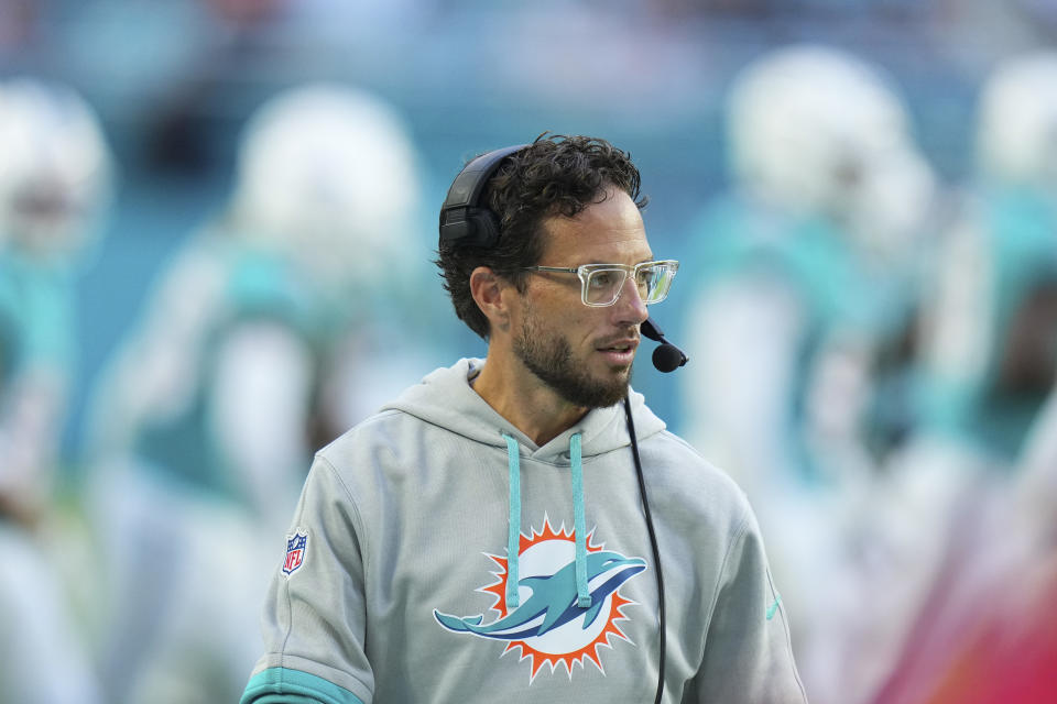 MIAMI GARDENS, FLORIDA - AUGUST 17: Miami Dolphins head coach Mike McDaniel looks on during a preseason game between the Miami Dolphins and the Washington Commanders at Hard Rock Stadium on August 17, 2024 in Miami Gardens, Florida. (Photo by Rich Storry/Getty Images)