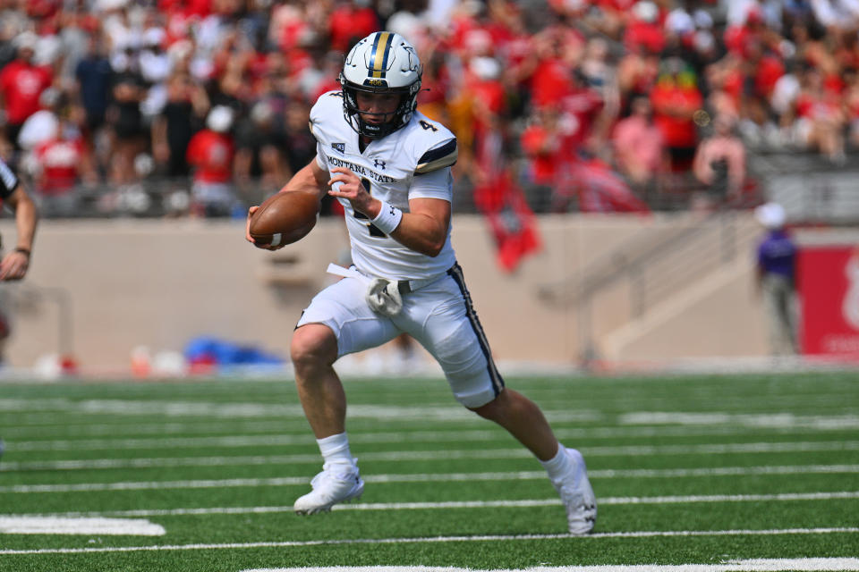 ALBUQUERQUE, NEW MEXICO - AUGUST 24: Quarterback Tommy Mellott #4 of the Montana State Bobcats runs for yardage against the New Mexico Lobos during the first half of their game at University Stadium on August 24, 2024 in Albuquerque, New Mexico. (Photo by Sam Wasson/Getty Images)