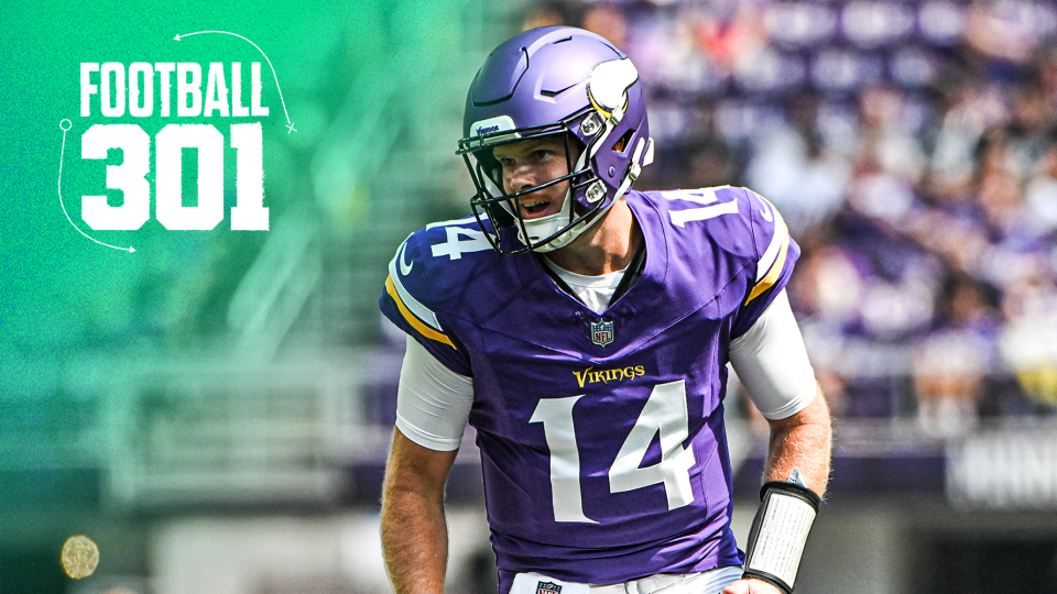 MINNEAPOLIS, MINNESOTA - AUGUST 10: Sam Darnold #14 of the Minnesota Vikings looks on in the first quarter of the preseason game against the Las Vegas Raiders at U.S. Bank Stadium on August 10, 2024 in Minneapolis, Minnesota. (Photo by Stephen Maturen/Getty Images)