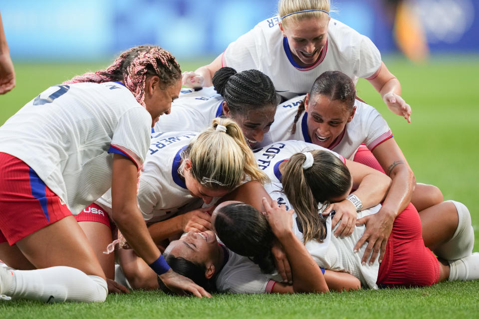 LYON, FRANCE - AUGUST 06: Sophia Smith #11 of the United States celebrates scoring with teammates during extra time against Germany during the Women's semifinal match during the Olympic Games Paris 2024 at Stade de Lyon on August 06, 2024 in Lyon, France. (Photo by Brad Smith/ISI/Getty Images)