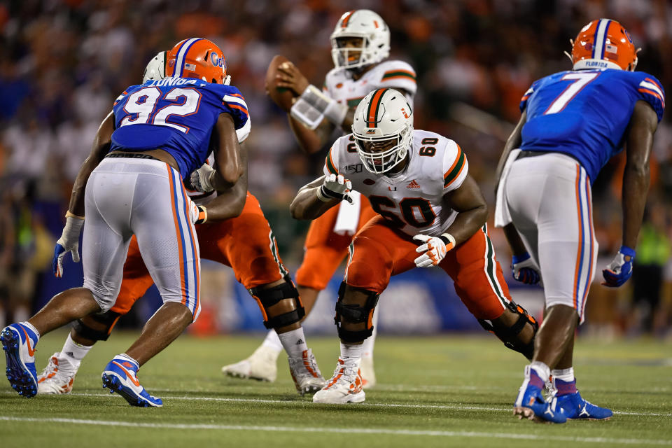 ORLANDO, FL - AUGUST 24: Miami offensive lineman Zion Nelson (60) in pass protection during the second half of the Camping World Kickoff between the Florida Gators and the Miami Hurricanes on August 24, 2019, at Camping World Stadium in Orlando, FL. (Photo by Roy K. Miller/Icon Sportswire via Getty Images)