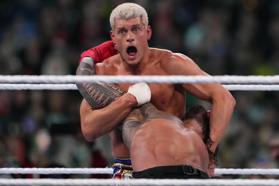 Apr 7, 2024; Philadelphia, PA, USA; WWE Universal Championship match between Roman Reigns and Cody Rhodes during Wrestlemania XL Sunday at Lincoln Financial Field. Mandatory Credit: Joe Camporeale-USA TODAY Sports