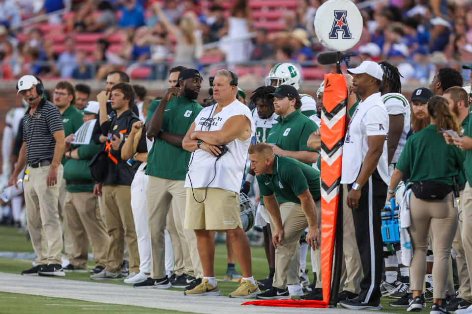 DALLAS, TX - SEPTEMBER 30: Charlotte 49ers head coach Biff Poggi looks on from the sideline during the game between the SMU Mustangs and the Charlotte 49ers on September 30, 2023 at Gerald J. Ford Stadium in Dallas, TX. (Photo by George Walker/Icon Sportswire via Getty Images)