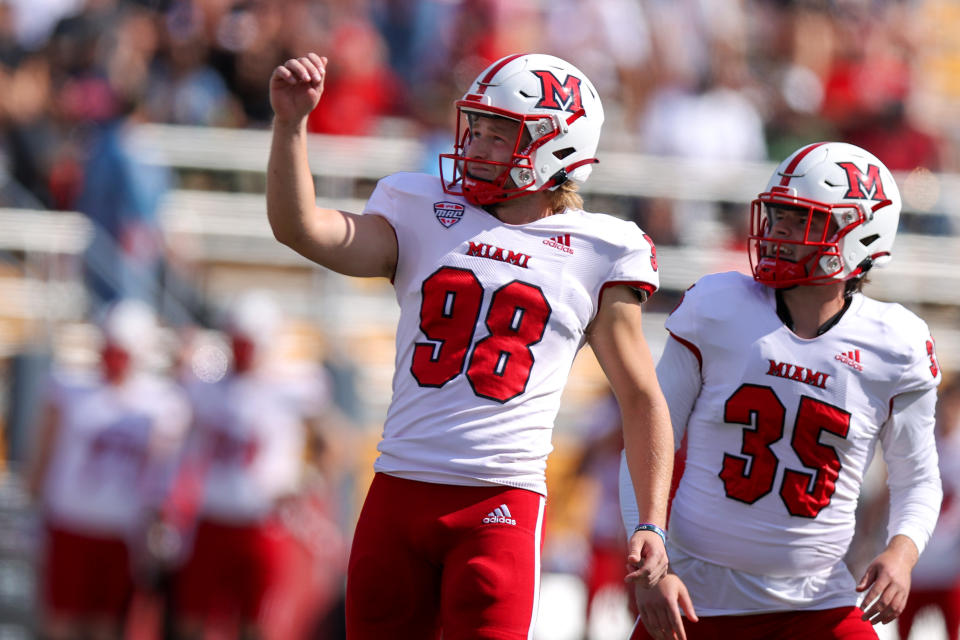 KENT, OH - SEPTEMBER 30: Miami RedHawks placekicker Graham Nicholson (98) kicks a 40-yard field goal during the first quarter of the college football game between the Miami (OH) RedHawks and and Kent State Golden Flashes on September 30, 2023, at Dix Stadium in Kent, OH. (Photo by Frank Jansky/Icon Sportswire via Getty Images)