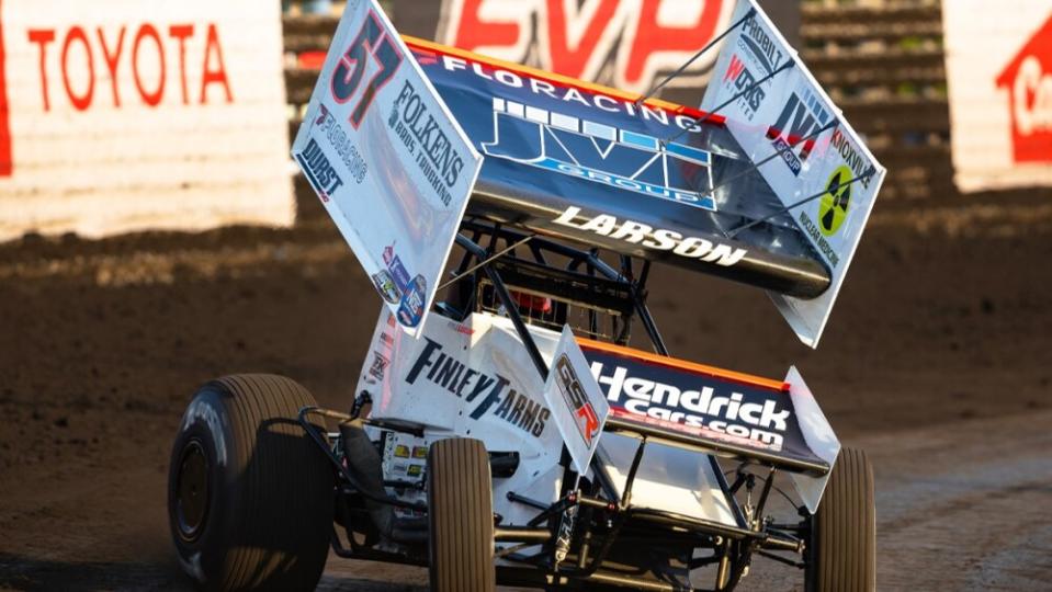 World 0f Outlaws 2024 Kyle Larson Knoxville Nationals Car in turn.jpg