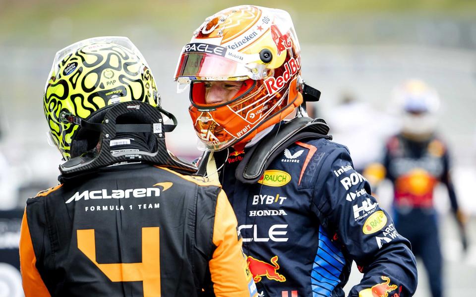 First placed McLaren driver Lando Norris (L) of Britain and second placed Dutch driver Max Verstappen of Red Bull Racing react after the qualifying for the Formula One Dutch Grand Prix, in Zandvoort, Netherlands, 24 August 2024. The Formula One Dutch Grand Prix is held on 25 August 2024. Formula One Dutch Grand Prix - Practice and Qualifying, Zandvoort, Netherlands