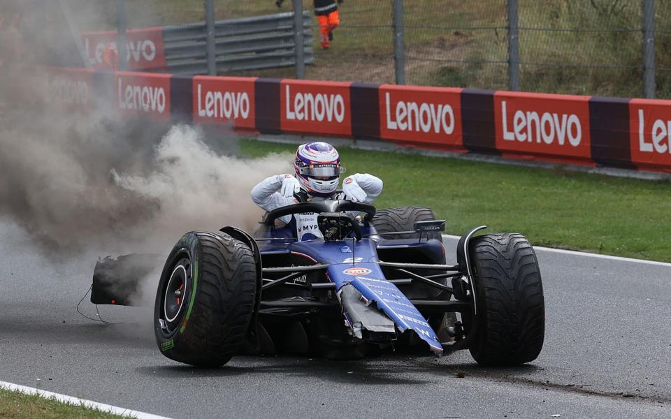 Crash of American driver Logan Sargeant of Williams Racing during the Formula 1 Grand Prix of the Netherlands at the Circuit of Zandvoort on August 24, 2024 in Zandvoort, Netherlands, the car is on fire