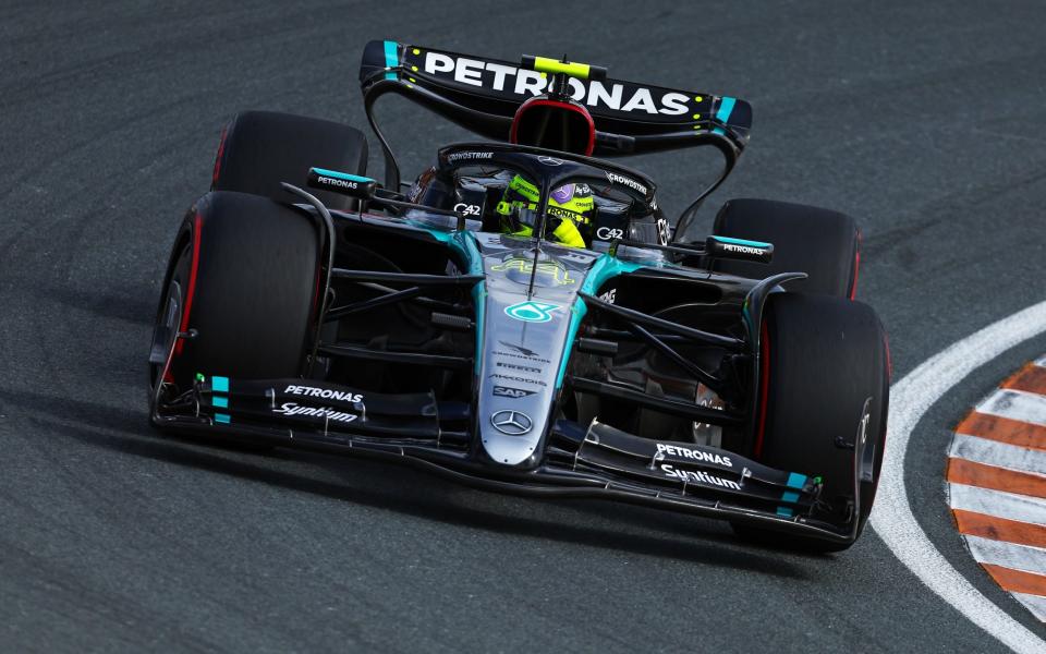 Lewis Hamilton of Great Britain driving the (44) Mercedes AMG Petronas F1 Team W15 on track during qualifying ahead of the F1 Grand Prix of Netherlands at Circuit Zandvoort on August 24, 2024 in Zandvoort, Netherlands