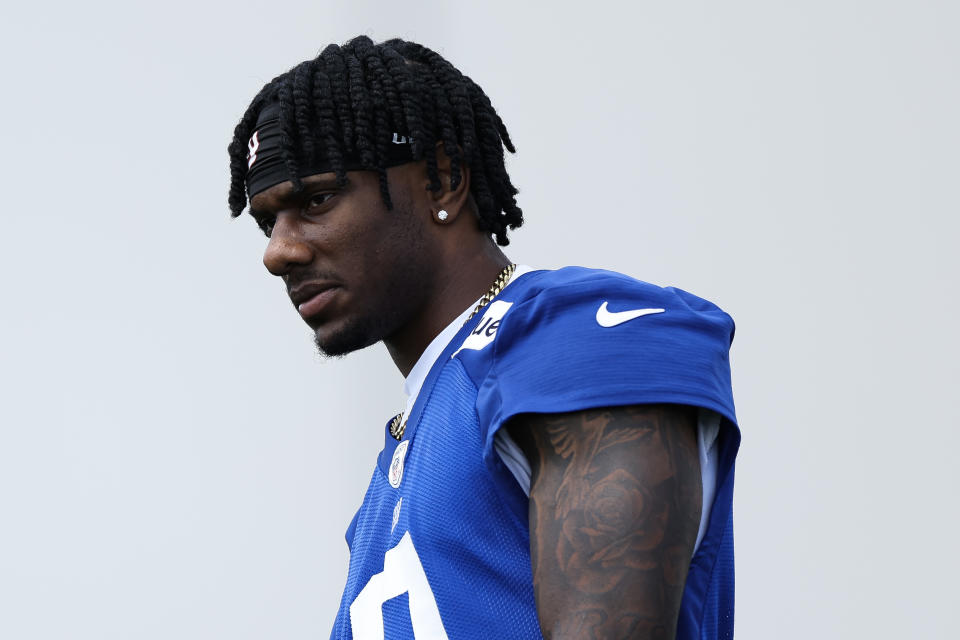 EAST RUTHERFORD, NEW JERSEY - MAY 30: Malik Nabers #9 of the New York Giants looks on during OTA Offseason Workouts at NY Giants Quest Diagnostics Training Center on May 30, 2024 in East Rutherford, New Jersey. (Photo by Luke Hales/Getty Images)