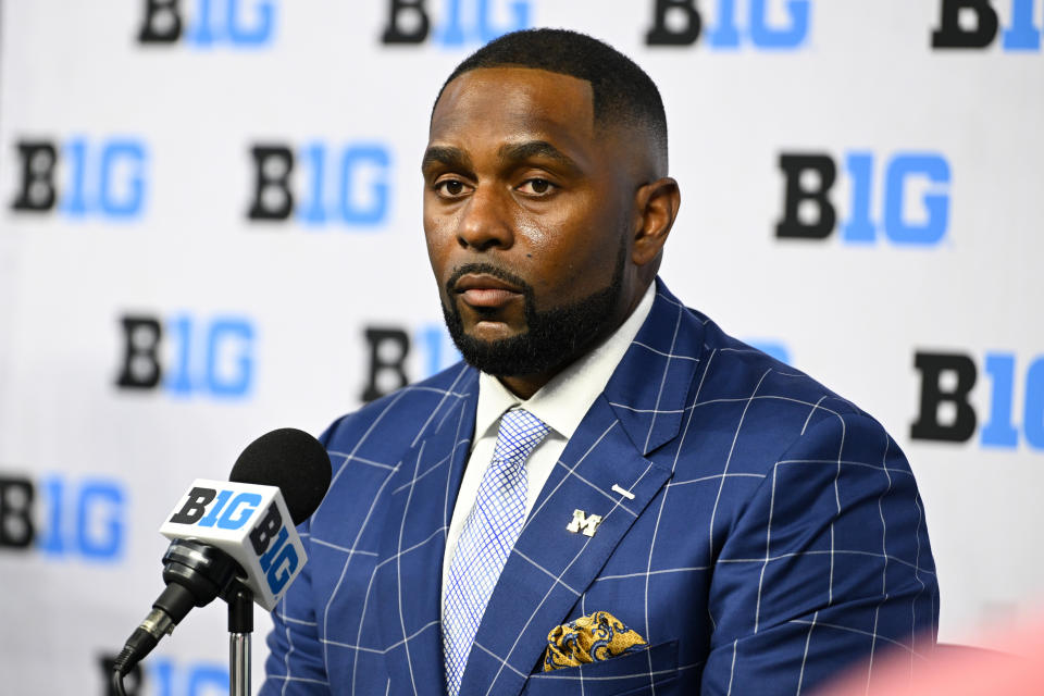 INDIANAPOLIS, IN - JULY 25: Michigan Wolverines Head Coach Sherrone Moore speaks during the 2024 Big Ten Media Days on July 25, 2024 at Lucas Oil Stadium in Indianapolis, IN. (Photo by James Black/Icon Sportswire via Getty Images)