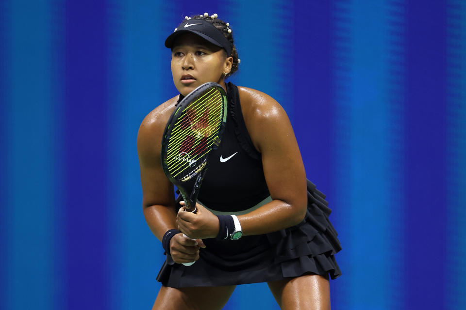 NEW YORK, NEW YORK - AUGUST 29: Naomi Osaka of Japan awaits a return against Karolina Muchova of Czech Republic during their Women's Singles Second Round match on Day Four of the 2024 US Open at USTA Billie Jean King National Tennis Center on August 29, 2024 in the Flushing neighborhood of the Queens borough of New York City. (Photo by Luke Hales/Getty Images)