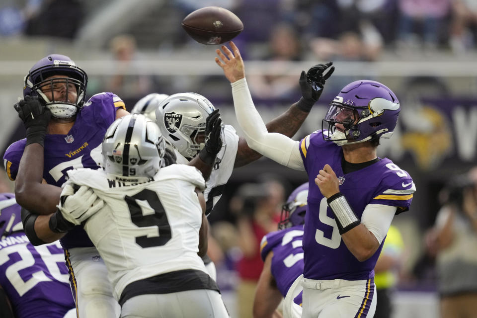 Minnesota Vikings quarterback J.J. McCarthy made his NFL preseason debut against the Raiders. (AP Photo/Charlie Neibergall)