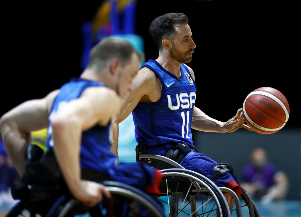 DUBAI, UNITED ARAB EMIRATES - JUNE 20: Steve Serio of USA controls the ball during the IWBF Wheelchair Basketball World Championships 2022 Men's Final match between USA and Great Britain on June 20, 2023 in Dubai, United Arab Emirates. (Photo by Francois Nel/Getty Images)