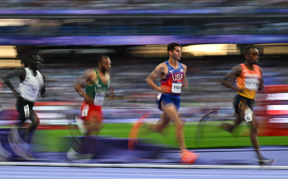 Paris , France - 10 August 2024; Grant Fisher of Team United States, second right, during the men's 5000m final at the Stade de France during the 2024 Paris Summer Olympic Games in Paris, France. (Photo By Sam Barnes/Sportsfile via Getty Images)