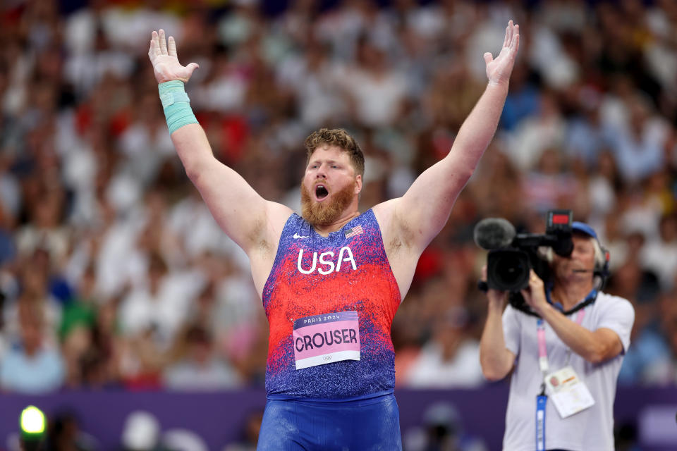 PARIS, FRANCE - AUGUST 03: Ryan Crouser of Team United States reacts during the Men's Shot Put Final on day eight of the Olympic Games Paris 2024 at Stade de France on August 03, 2024 in Paris, France. (Photo by Michael Steele/Getty Images)