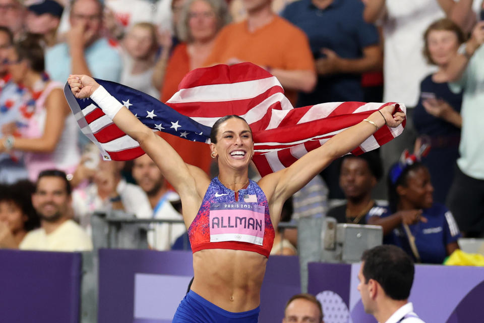 PARIS, FRANCE - AUGUST 05: Gold medalist Valarie Allman of Tem United States celebrates during Women's Discus Throw Final on day ten of the Olympic Games Paris 2024 at Stade de France on August 05, 2024 in Paris, France. (Photo by Christian Petersen/Getty Images)