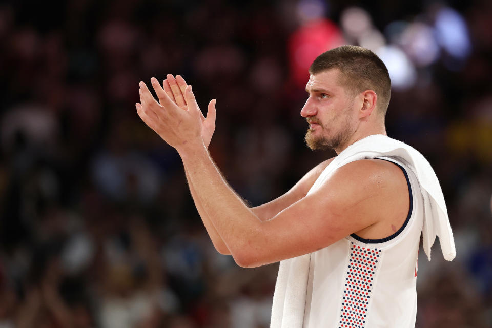 PARIS, FRANCE - AUGUST 06: Nikola Jokic #15 of Team Serbia celebrates after the Men's Quarterfinal match between Team Australia and Team Serbia on day eleven of the Olympic Games Paris 2024 at Bercy Arena on August 06, 2024 in Paris, France. (Photo by Jamie Squire/Getty Images)