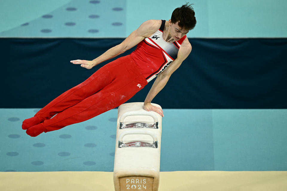 US' Stephen Nedoroscik competes in the artistic gymnastics men's pommel horse final during the Paris 2024 Olympic Games at the Bercy Arena in Paris, on August 3, 2024. (Photo by Loic VENANCE / AFP) (Photo by LOIC VENANCE/AFP via Getty Images)