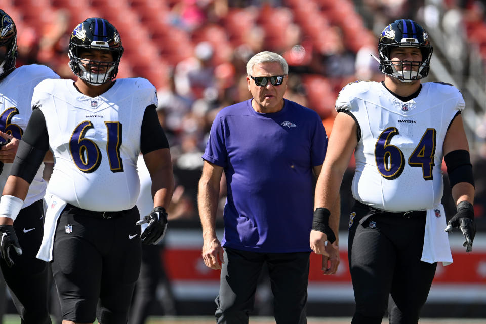 CLEVELAND, OHIO - OCTOBER 01: Offensive line coach Joe D'Alessandris of the Baltimore Ravens looks on prior to a game against the Cleveland Browns at Cleveland Browns Stadium on October 01, 2023 in Cleveland, Ohio. (Photo by Nick Cammett/Diamond Images via Getty Images)