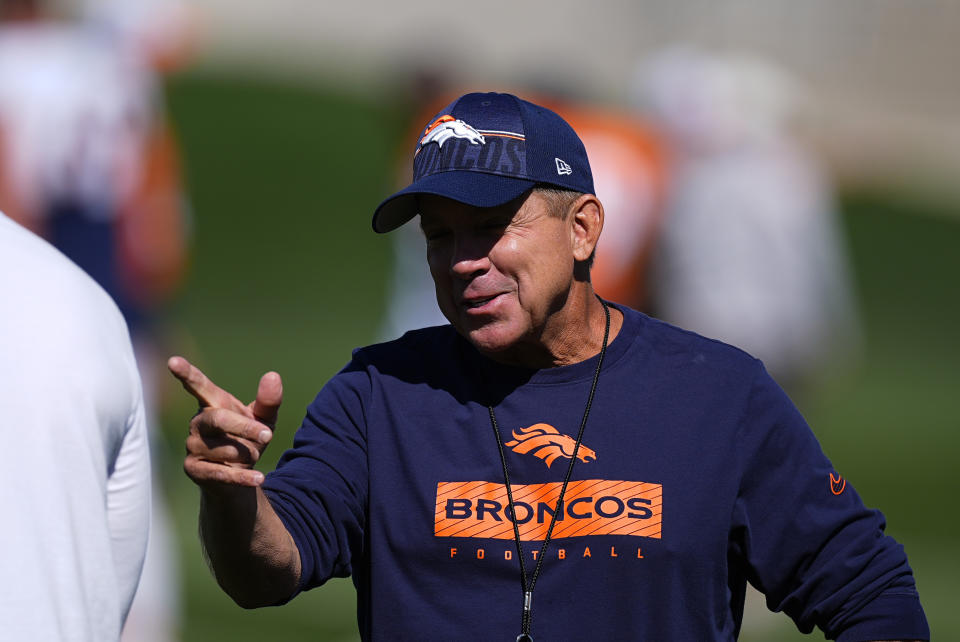 Denver Broncos head coach Sean Payton takes part in drills during an NFL football training camp Monday, July 29, 2024, at the team's headquarters in Centennial, Colo. (AP Photo/David Zalubowski)