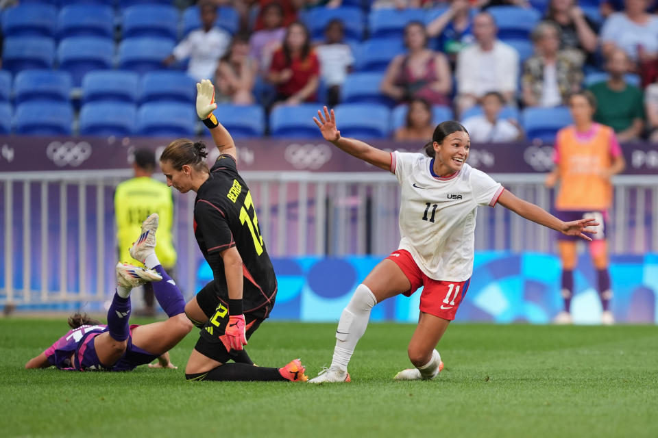 LYON, FRANCE - AUGUST 06: Sophia Smith #11 of the United States celebrates scoring during extra time against Germany during the Women's semifinal match during the Olympic Games Paris 2024 at Stade de Lyon on August 06, 2024 in Lyon, France. (Photo by Andrea Vilchez/ISI/Getty Images)