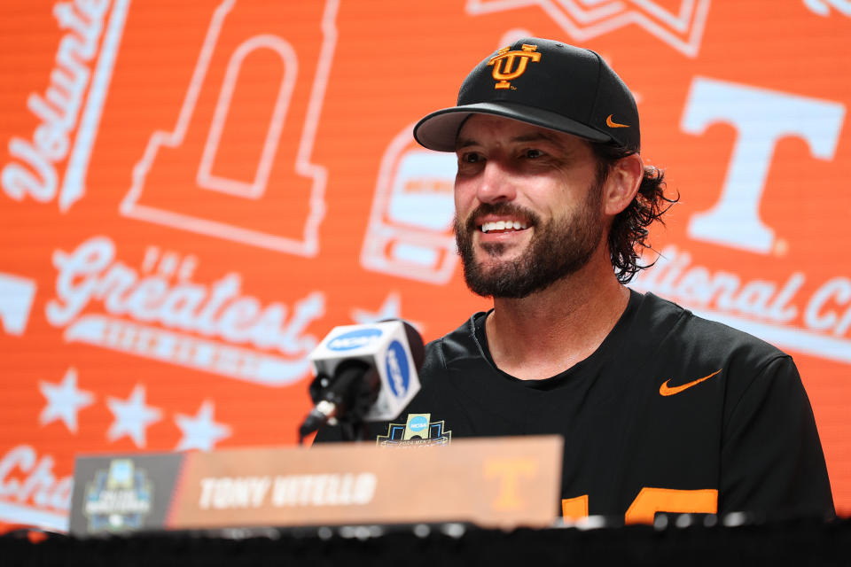 OMAHA, NEBRASKA - JUNE 24: Head coach Tony Vitello of the Tennessee Volunteers talks to the media after defeating the Texas A&M Aggies to win the Division I Men's Baseball Championship held at Charles Schwab Field on June 24, 2024 in Omaha, Nebraska. (Photo by C. Morgan Engel/NCAA Photos via Getty Images)