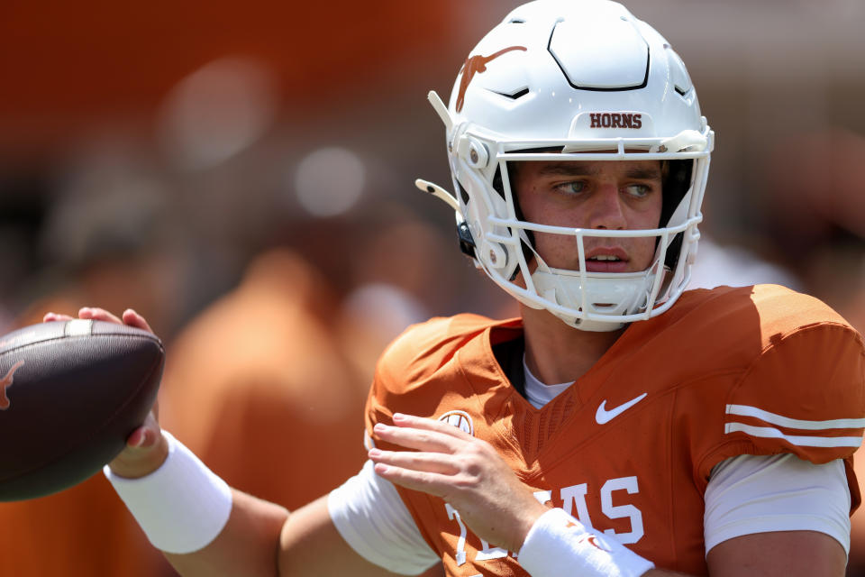 AUSTIN, TEXAS - AUGUST 31: Arch Manning #16 of the Texas Longhorns throws a pass before the game against the Colorado State Rams at Darrell K Royal-Texas Memorial Stadium on August 31, 2024 in Austin, Texas. (Photo by Tim Warner/Getty Images)