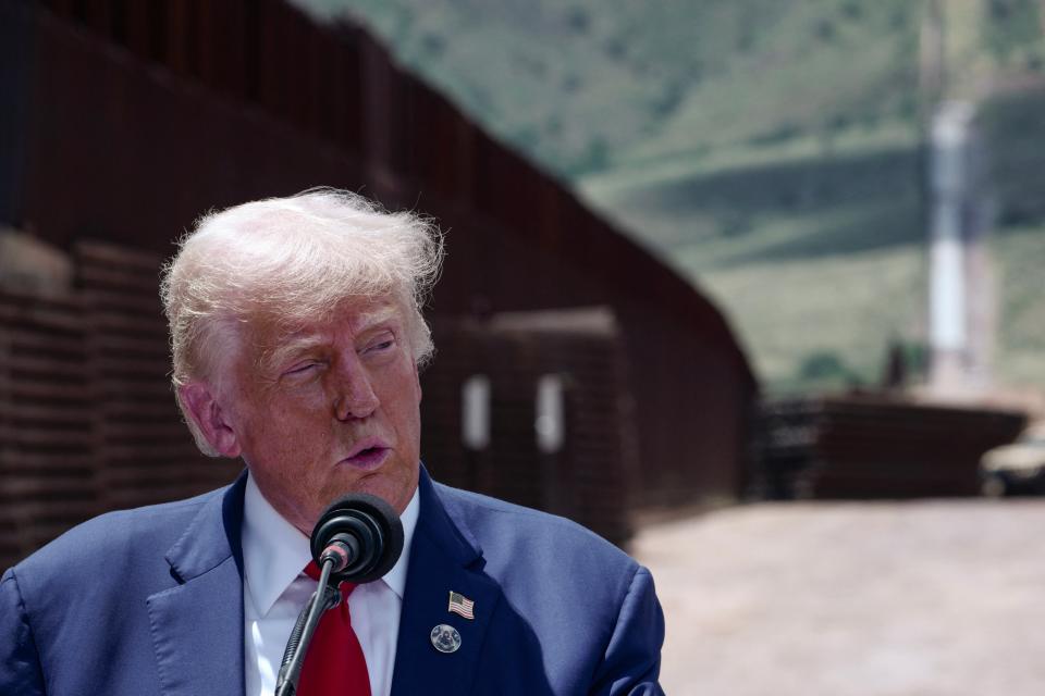 Former US President and Republican presidential candidate Donald Trump speaks about immigration and border security near Coronado National Memorial in Montezuma Pass, Arizona, August 22, 2024 (AFP via Getty Images)