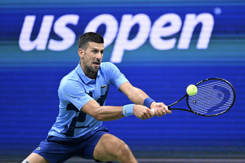 NEW YORK, UNITED STATES - AUGUST 26: Novak Djokovic of Serbia in action against Radu Albot (not seen) of Moldova during Men's Singles First Round match on Day One of the 2024 US Open at the USTA Billie Jean King National Tennis Center in New York, United States on August 26, 2024. (Photo by Fatih Aktas /Anadolu via Getty Images)