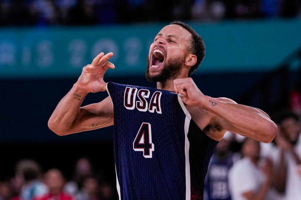 PARIS, FRANCE - AUGUST 10: Stephen Curry of Team United States celebrates during the Men's Gold Medal Game, Game 50, match between France and United States on day fifteen of the Olympic Games Paris 2024 at Bercy Arena on August 10, 2024 in Paris, France. (Photo by Jari Pestelacci/Eurasia Sport Images/Getty Images)