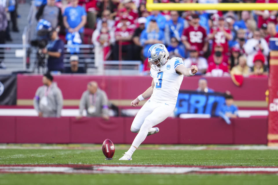 Jack Fox of the Detroit Lions kicks off during the NFC championship game last season. The NFL has drastically changed its kickoff rules for this season. (Photo by Cooper Neill/Getty Images)