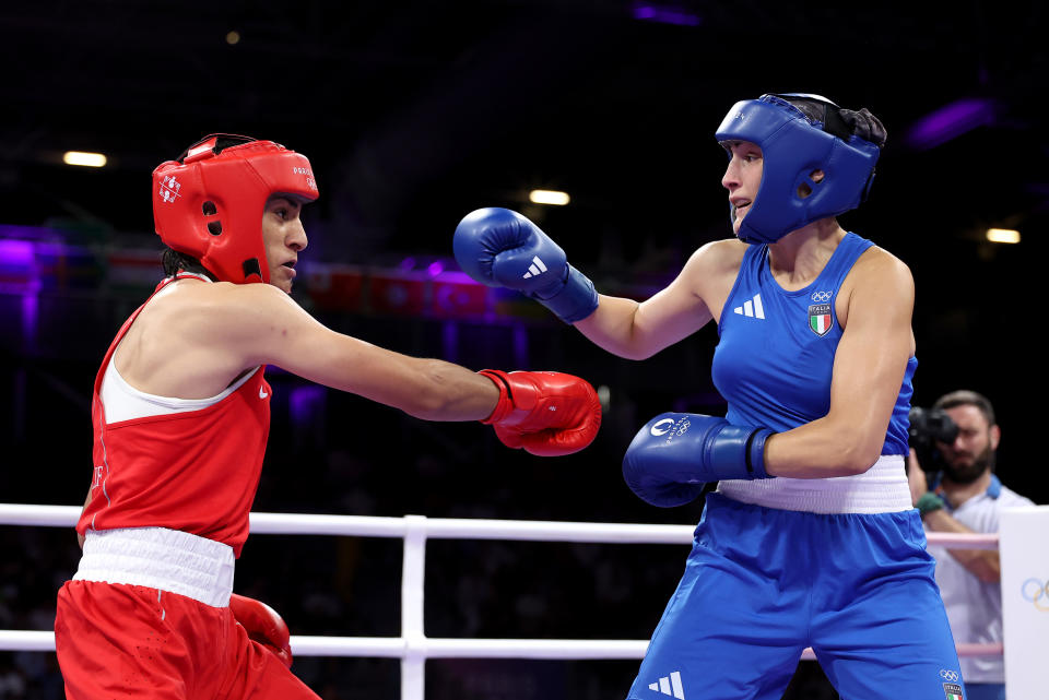 Khelif (L) and Carini in the ring. (Richard Pelham/Getty Images)