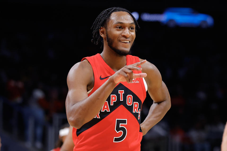 Immanuel Quickley #5 of the Toronto Raptors reacts after a three pointer during the first quarter against the Atlanta Hawks at State Farm Arena on February 23, 2024 in Atlanta, Georgia. NOTE TO USER: User expressly acknowledges and agrees that, by downloading and or using this photograph, User is consenting to the terms and conditions of the Getty Images License Agreement. (Photo by Todd Kirkland/Getty Images)