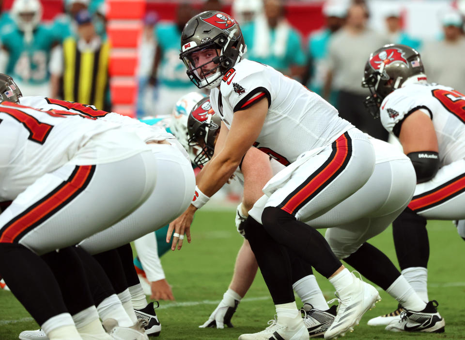 Aug 23, 2024; Tampa, Florida, USA; Tampa Bay Buccaneer quarterback Baker Mayfield (6) calls a play against the Miami Dolphins during the first quarter at Raymond James Stadium. Mandatory Credit: Kim Klement Neitzel-USA TODAY Sports