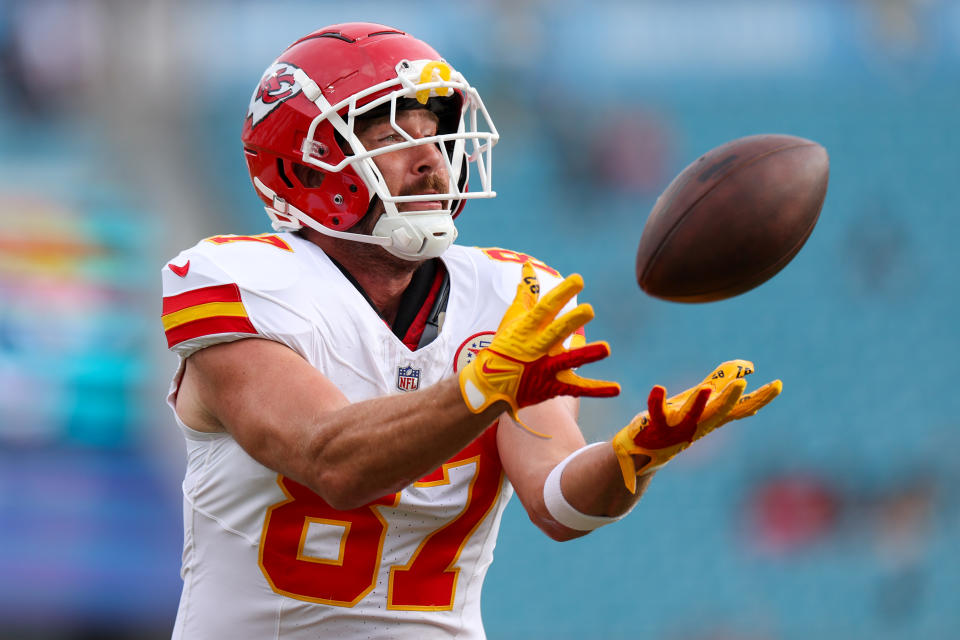 Aug 10, 2024; Jacksonville, Florida, USA; Kansas City Chiefs tight end Travis Kelce (87) warms up before a preseason game against the Jacksonville Jaguars at EverBank Stadium. Mandatory Credit: Nathan Ray Seebeck-USA TODAY Sports