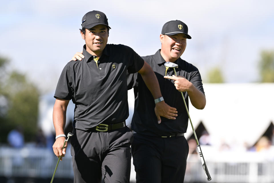 MONTREAL, QUEBEC - SEPTEMBER 27: Sungjae Im and Hideki Matsuyama of the International Team react to a birdie putt on the 10th green during Friday's Foursomes matches on day two of the 2024 Presidents Cup at The Royal Montreal Golf Club on September 27, 2024 in Montreal, Quebec. (Photo by Keyur Khamar/PGA TOUR via Getty Images)