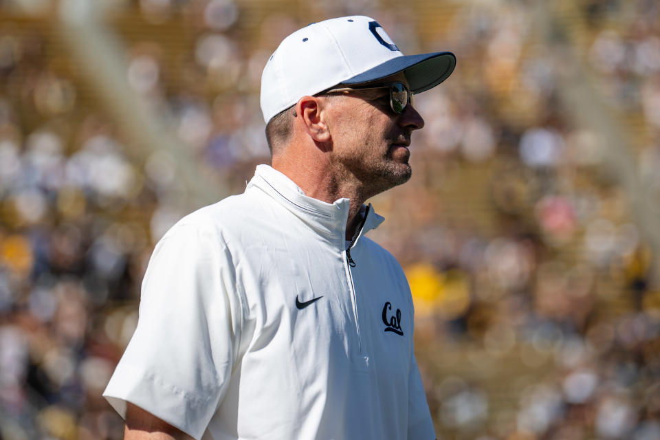 BERKELEY, CALIFORNIA - AUGUST 31: Head coach Justin Wilcox of the California Golden Bears walks out prior to the second half against the UC Davis Aggies at California Memorial Stadium on August 31, 2024 in Berkeley, California. (Photo by Thien-An Truong/ISI Photos/Getty Images)