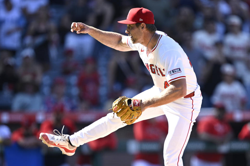 ANAHEIM, CALIFORNIA - SEPTEMBER 01: Ben Joyce #44 of the Los Angeles Angels pitches during the ninth inning against the Seattle Mariners at Angel Stadium of Anaheim on September 01, 2024 in Anaheim, California. (Photo by Orlando Ramirez/Getty Images)